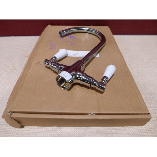 3158 - Fortuna Chrome Swan Neck Mixer Tap with White Handles *This lot is subject to VAT