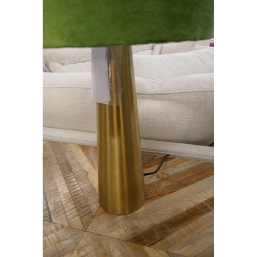 1377 - A pair of brass lamps with green velvet shades