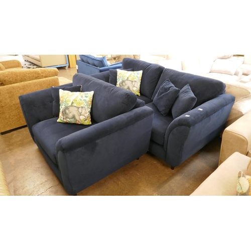 1453 - A navy velvet three seater sofa and love seat