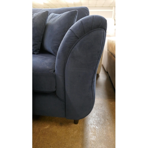 1453 - A navy velvet three seater sofa and love seat