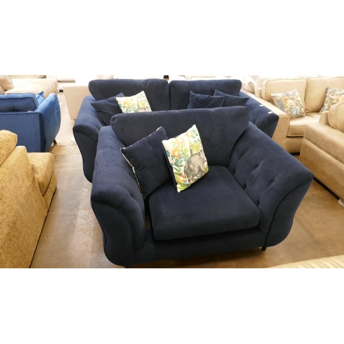 1453 - A navy velvet three seater sofa and love seat