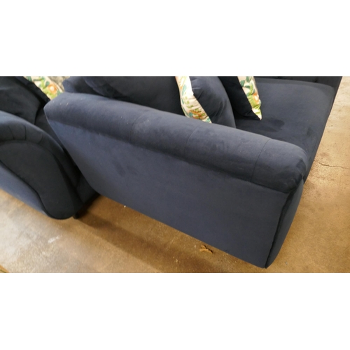 1453 - A navy velvet three seater sofa and love seat