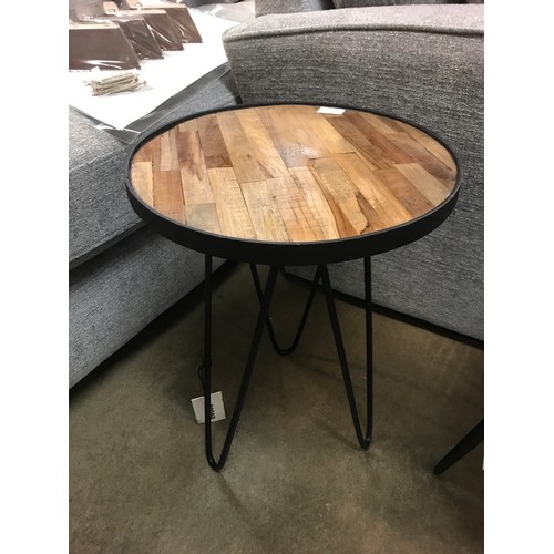 1307 - A pair of circular hand finished reclaimed wood side tables with hairpin legs