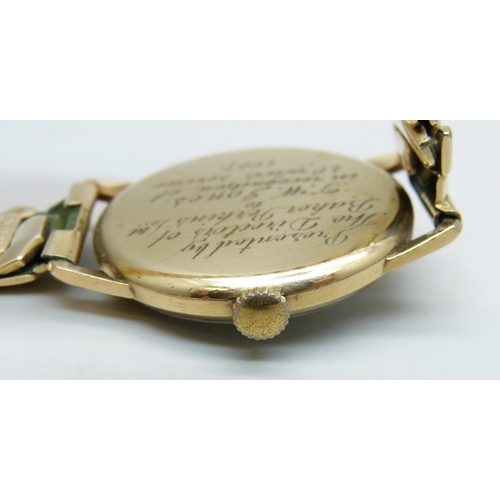 1010 - A 9ct gold cased Longines wristwatch, the case back bears inscription dated 1967, 32mm case