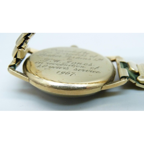 1010 - A 9ct gold cased Longines wristwatch, the case back bears inscription dated 1967, 32mm case