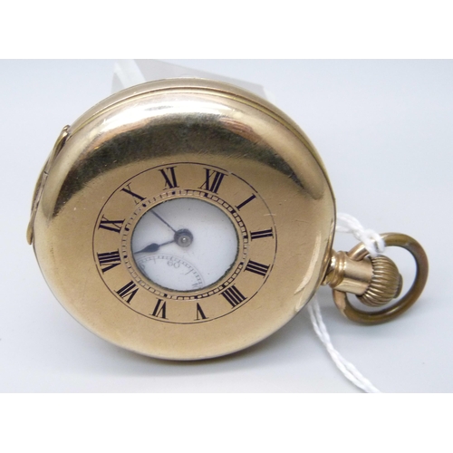 1018 - A Moeris gold plated half-hunter pocket watch in an English 10 year case