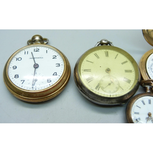 1024 - Five pocket watches including a plated Waltham Traveler, one silver cased and a fob watch, (5)