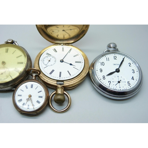 1024 - Five pocket watches including a plated Waltham Traveler, one silver cased and a fob watch, (5)