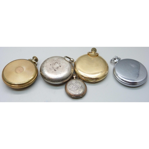 1024 - Five pocket watches including a plated Waltham Traveler, one silver cased and a fob watch, (5)