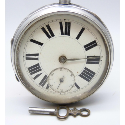 1029 - A silver pocket watch, Fisher, Nottingham, movement hinge requires repair