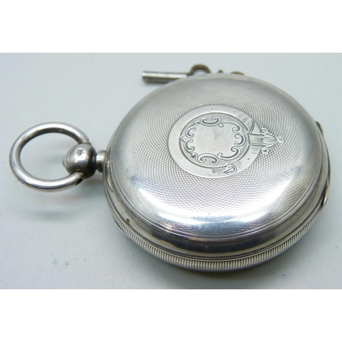 1029 - A silver pocket watch, Fisher, Nottingham, movement hinge requires repair