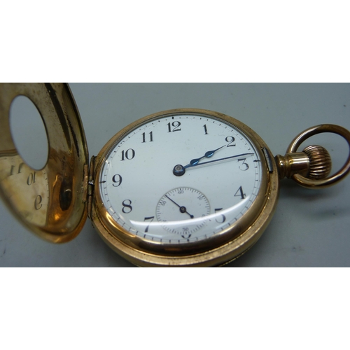 1040 - A Waltham 14ct gold plated half-hunter top-wind pocket watch, the case back bears inscription dated ... 