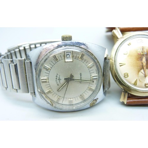 1045 - A Benrus 10k gold filled Art Deco cased wristwatch and a Rotary stainless steel wristwatch