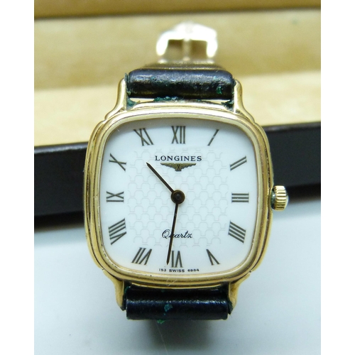 1048 - A lady's Longines quartz wristwatch on a leather strap, boxed