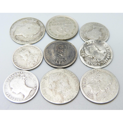 1054 - Coins; two Victorian silver fourpence coins, 1849 and 1855 drilled, a Carlos III 1788 coin, an 1816 ... 