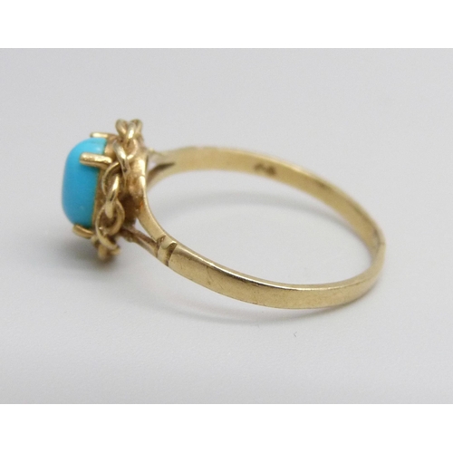 1078 - A 9ct gold and turquoise ring, 1.5g, N