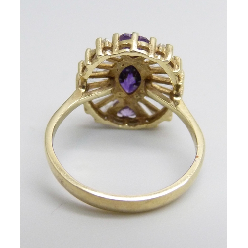 1081 - A 9ct gold, white and amethyst stone Art Deco style ring, 3.4g, L