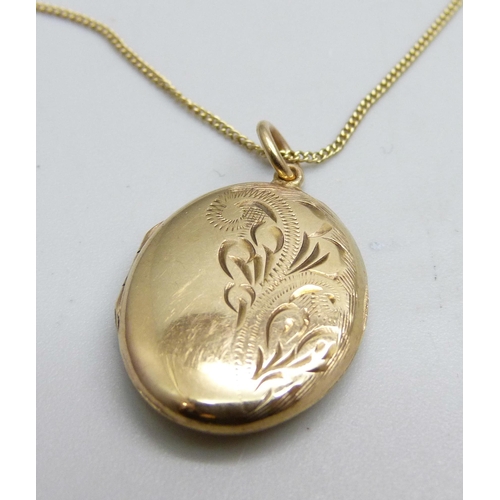 1107 - A 9ct gold locket and chain, 3.6g, chain 36cm