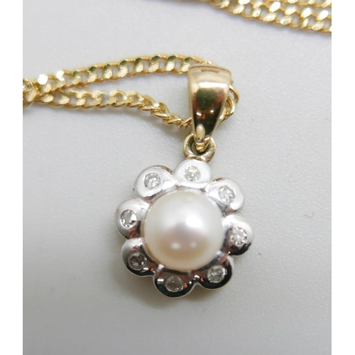 1153 - A 9ct gold, diamond and pearl pendant on a chain, the fastener marked 750, total weight 4.3g, chain ... 