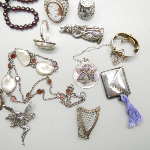 1160 - A collection of silver and silver mounted jewellery, including an Irish silver harp brooch, a 925 si... 