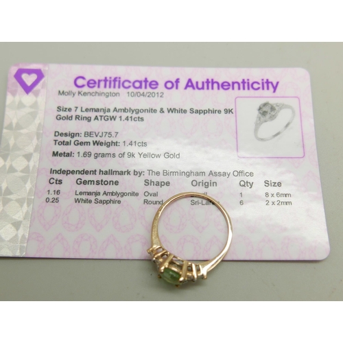 1189 - A 9ct gold, amblygonite and white sapphire ring, with certificate, 2g, O