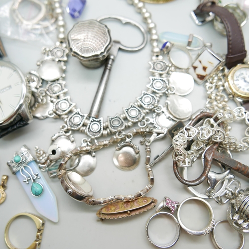 1201 - Three wristwatches, silver jewellery, silver perfume bottle top, silver rings, etc.