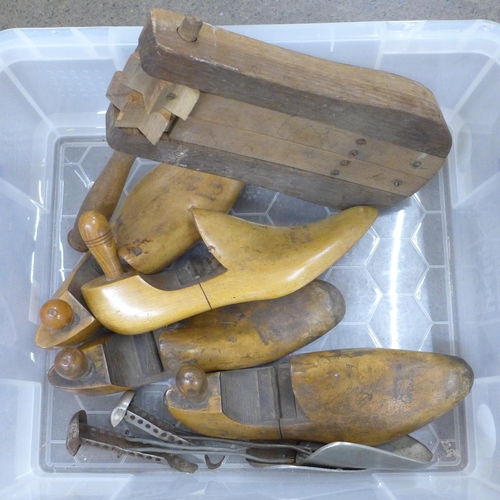 1213 - A football rattle and wooden and metal shoe trees **PLEASE NOTE THIS LOT IS NOT ELIGIBLE FOR IN-HOUS... 