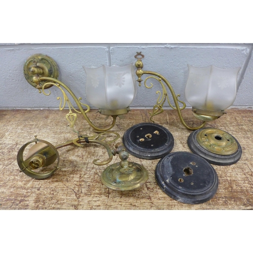 1223 - Three gas light fittings, part converted with two shades **PLEASE NOTE THIS LOT IS NOT ELIGIBLE FOR ... 