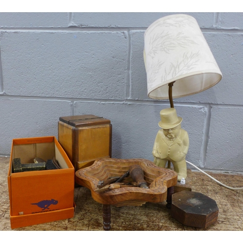 1227 - A Winston Churchill table lamp, coffee grinder, compacts, etc. **PLEASE NOTE THIS LOT IS NOT ELIGIBL... 