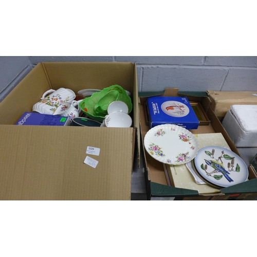 1229 - Two boxes of mixed china, Aynsley, Royal Worcester egg cups, Goebel plates, Wedgwood Jasperware plaq... 