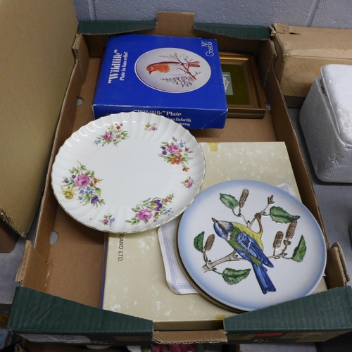 1229 - Two boxes of mixed china, Aynsley, Royal Worcester egg cups, Goebel plates, Wedgwood Jasperware plaq... 