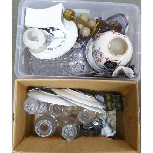 1236 - Two boxes of mixed china and glassware including decanters and a vase, novelty glass top and gilt me... 