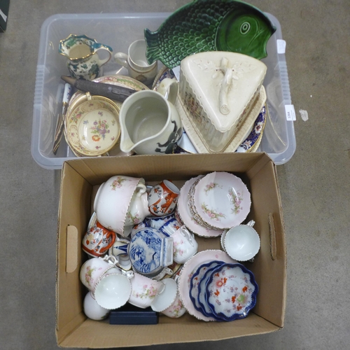 1264 - Two boxes of mixed china, large Staffordshire cheese dome, a Limoges Canton serving plate and cake s... 