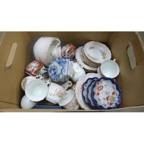 1264 - Two boxes of mixed china, large Staffordshire cheese dome, a Limoges Canton serving plate and cake s... 