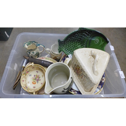 1264 - Two boxes of mixed china, large Staffordshire cheese dome, a Limoges Canton serving plate and cake s... 