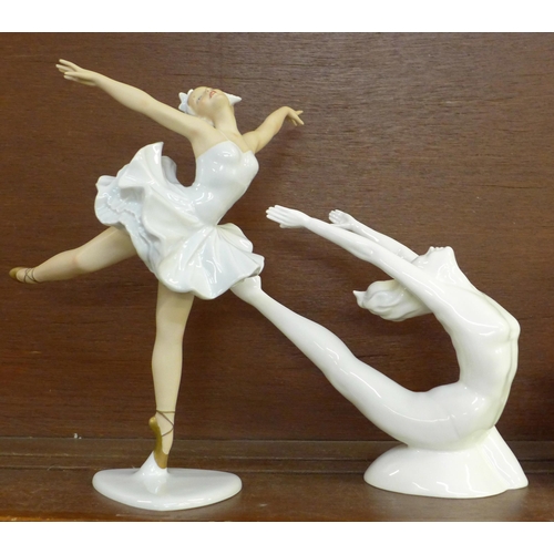 605 - Three Dresden Germany ballerina and a Coalport Sporting Elements Stretching The Limits figurine