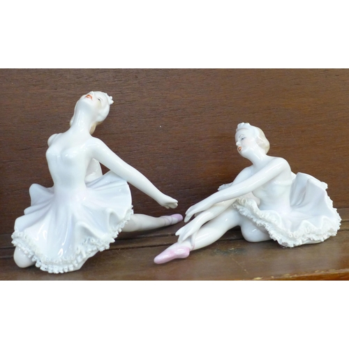 605 - Three Dresden Germany ballerina and a Coalport Sporting Elements Stretching The Limits figurine