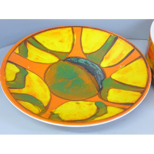 617 - A Poole Pottery Delphis shallow dish, 26.5cm and fruit bowl, 25cm diameter, staining to back of dish