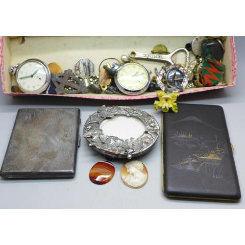 623 - An EPNS and Japanese cigarette cases, Smiths and Ingersoll pocket watches, cameo and micro-mosaic br... 