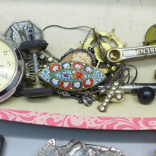 623 - An EPNS and Japanese cigarette cases, Smiths and Ingersoll pocket watches, cameo and micro-mosaic br... 