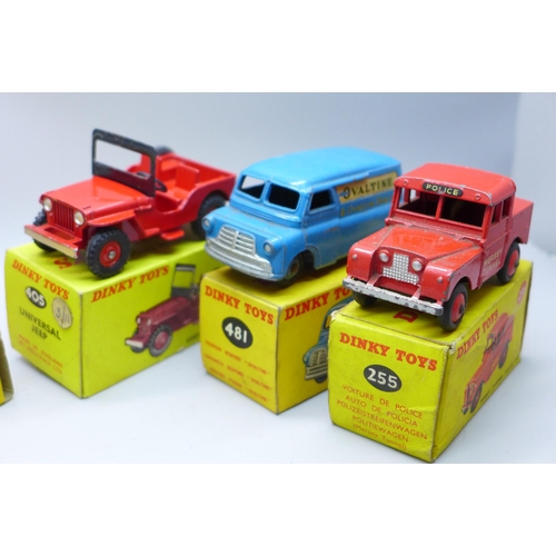 626 - Five Dinky Toys vehicles, 160 Austin A30 Saloon, 255 Mersey Tunnel Police Van, 405 Universal Jeep, 4... 