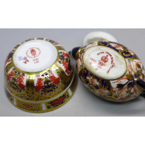 642 - A Royal Crown Derby 1128 Imari pattern miniature teapot and sugar bowl