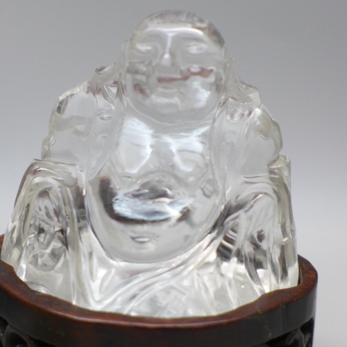 648 - Two rock crystal mounted figures; Buddha and a pair of birds, tiny chip to beak and a small green gl... 