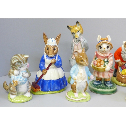 659 - Thirteen Beatrix Potter figures, seven Royal Doulton and six Beswick and two other figures (15)