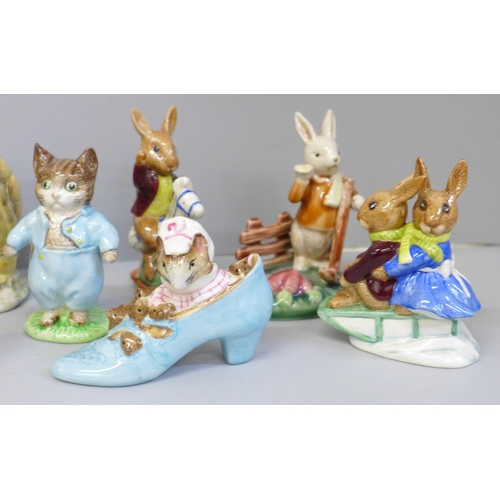 659 - Thirteen Beatrix Potter figures, seven Royal Doulton and six Beswick and two other figures (15)