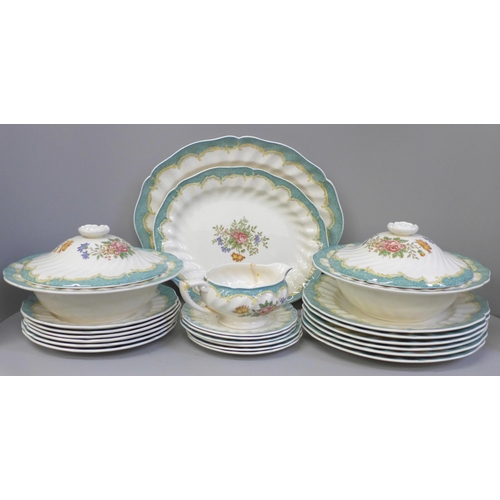 667 - Royal Doulton Kingswood D3601 part dinner service with two tureens and two graduated serving plates,... 