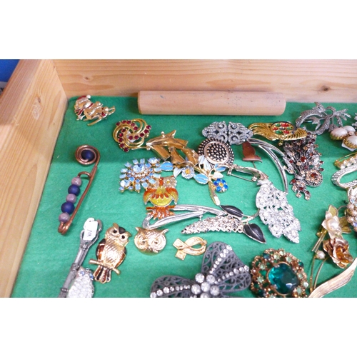 670 - A collection of costume jewellery and brooches in a glass and wooden display case