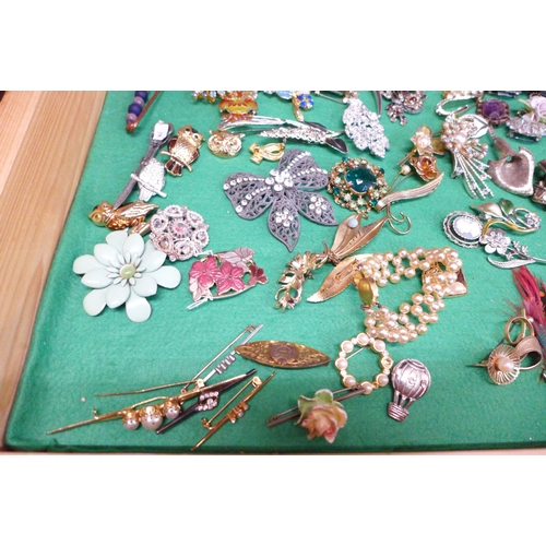 670 - A collection of costume jewellery and brooches in a glass and wooden display case