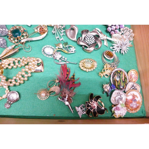 670 - A collection of costume jewellery and brooches in a glass and wooden display case