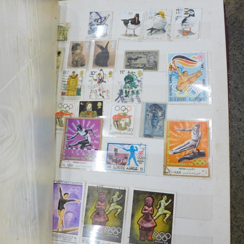 728 - A box of seven albums of stamps and a tin of loose stamps